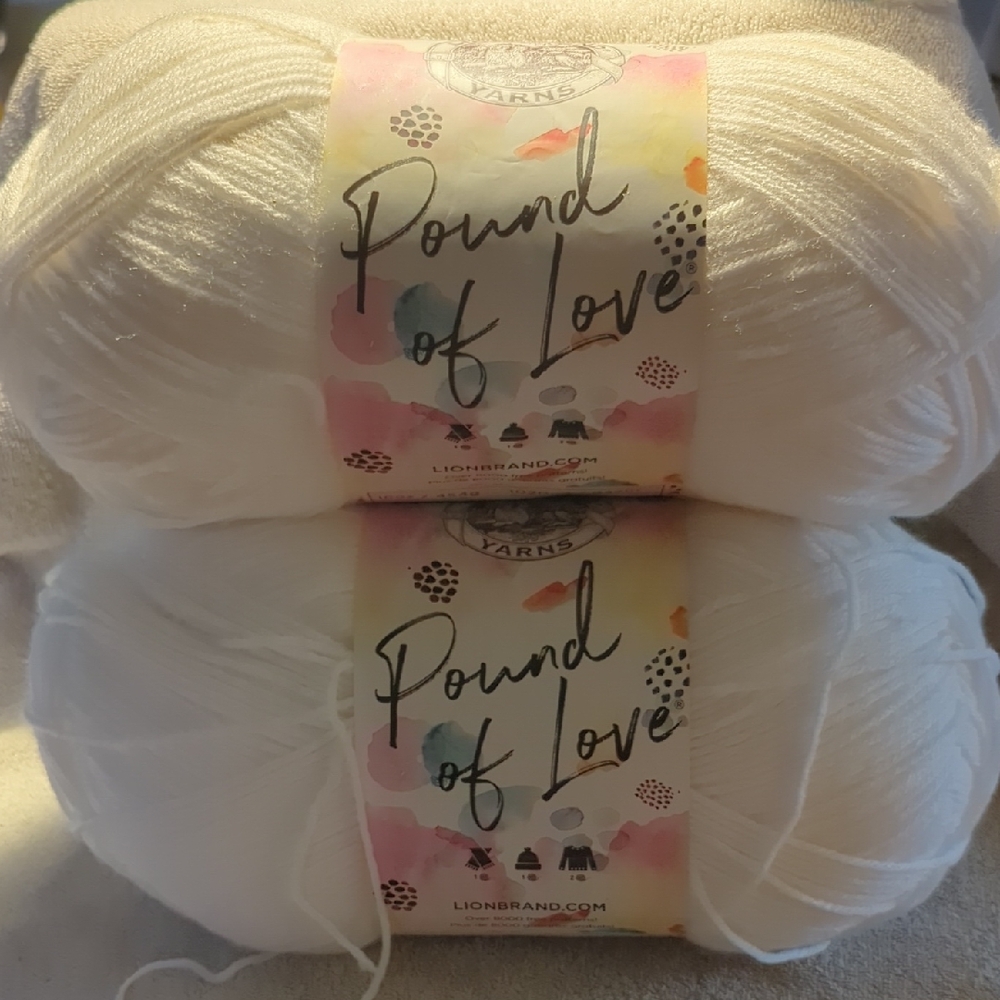 2- Lion Brand Pound of Love Yarn in White